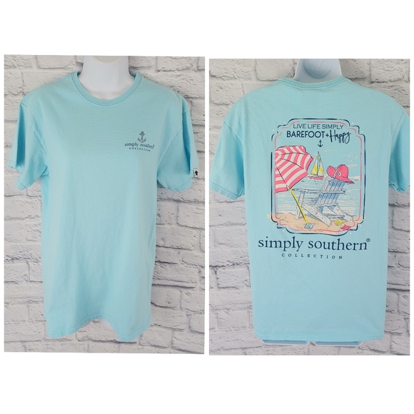 Simply Southern Tops - Simply Southern Barefoot & Happy Tee, Size Medium